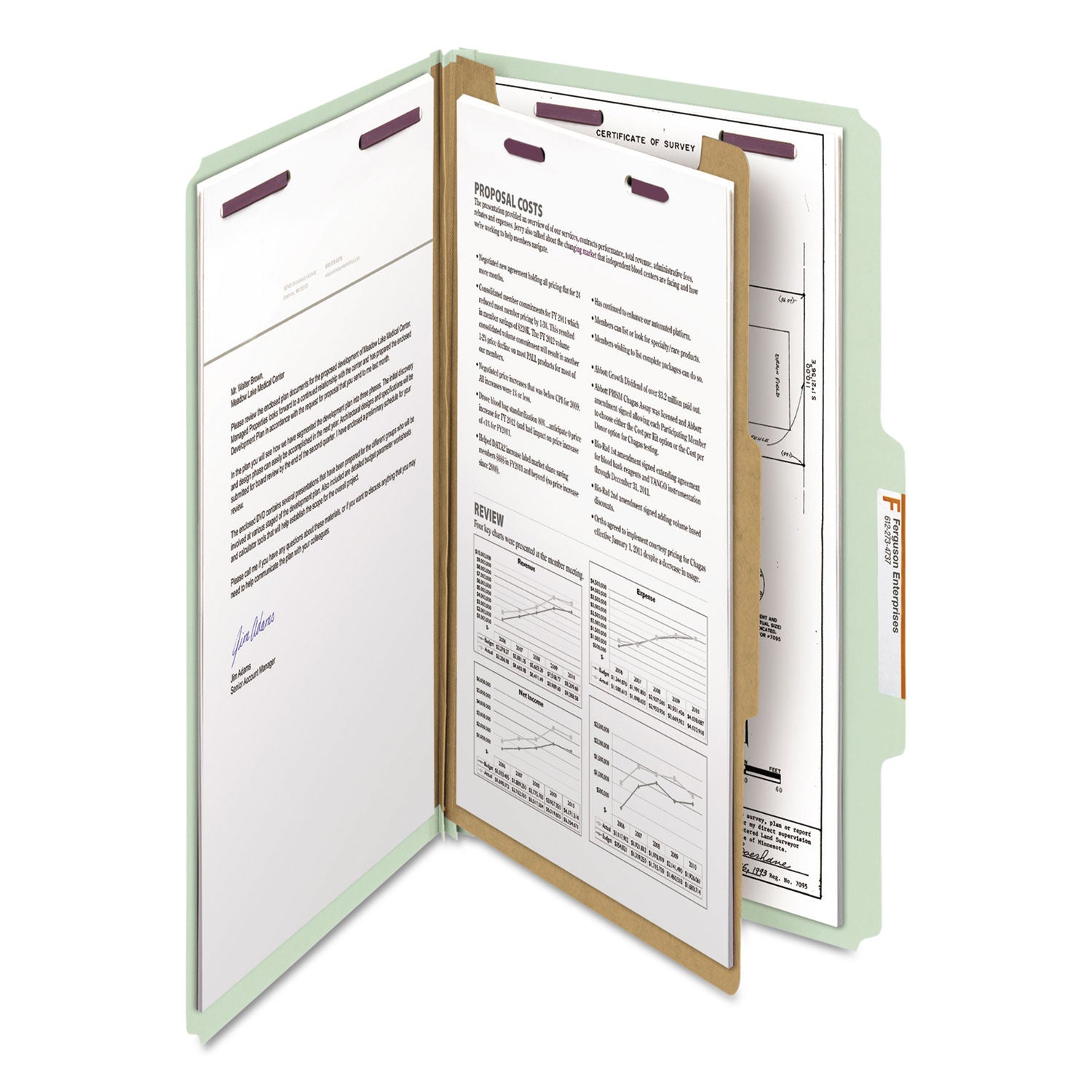 Smead Pressboard Classification Folders with SafeSHIELD Coated Fasteners, 2/5 Cut, 1 Divider, Legal Size, Gray-Green, 10/Box