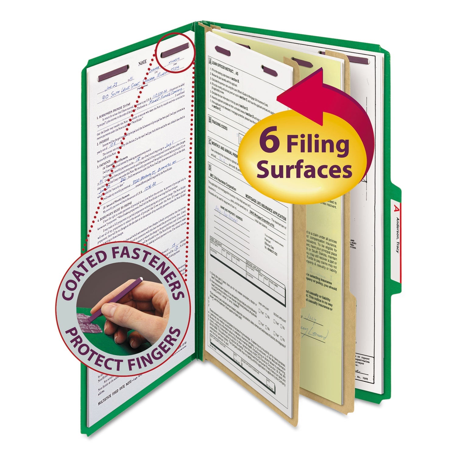 Smead Six-Section Pressboard Top Tab Classification Folders with SafeSHIELD Fasteners, 2 Dividers, Legal Size, Green, 10/Box