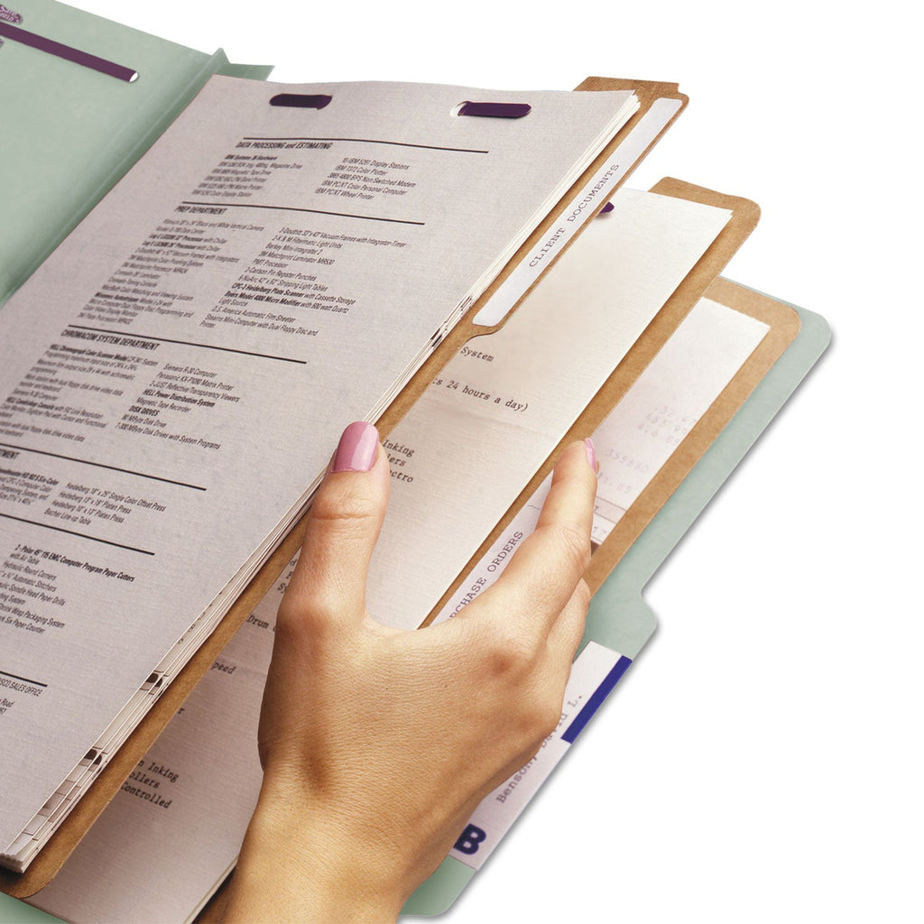 Smead Pressboard Classification Folders with SafeSHIELD Coated Fasteners, 2/5 Cut, 3 Dividers, Letter Size, Gray-Green, 10/Box