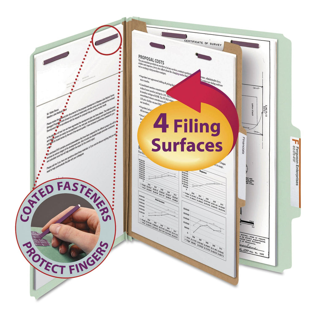 Smead Pressboard Classification Folders with SafeSHIELD Coated Fasteners, 2/5 Cut, 1 Divider, Letter Size, Gray-Green, 10/Box