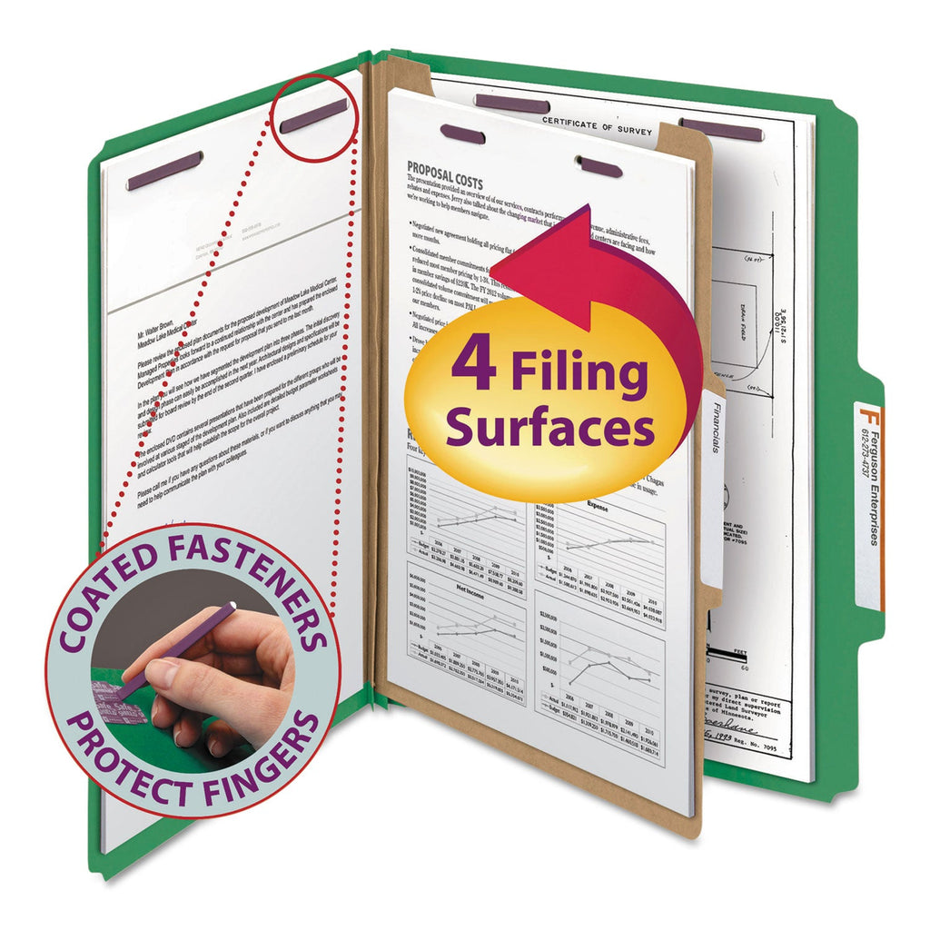 Smead Four-Section Pressboard Top Tab Classification Folders with SafeSHIELD Fasteners, 1 Divider, Letter Size, Green, 10/Box