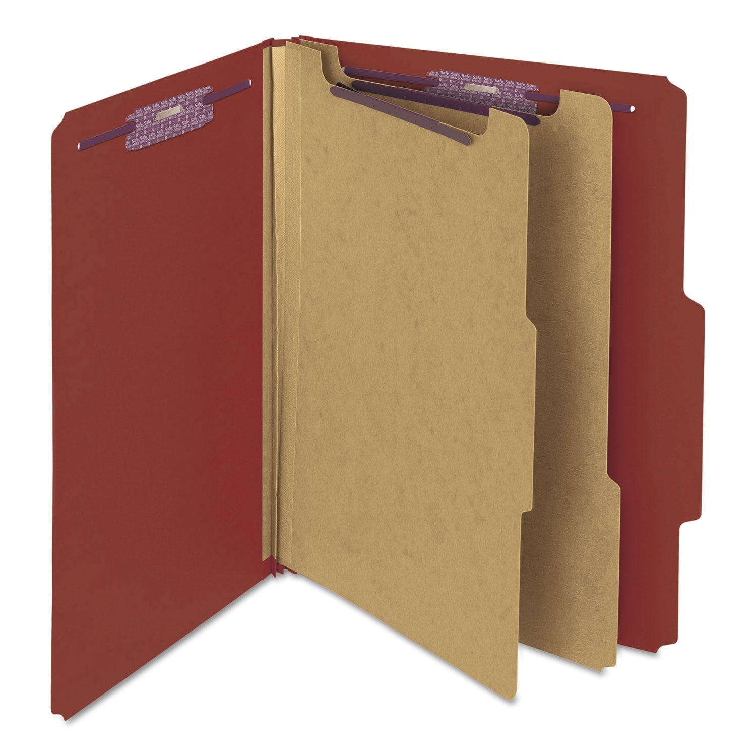 Smead Pressboard Classification Folders with SafeSHIELD Coated Fasteners, 2/5 Cut, 2 Dividers, Letter Size, Red, 10/Box