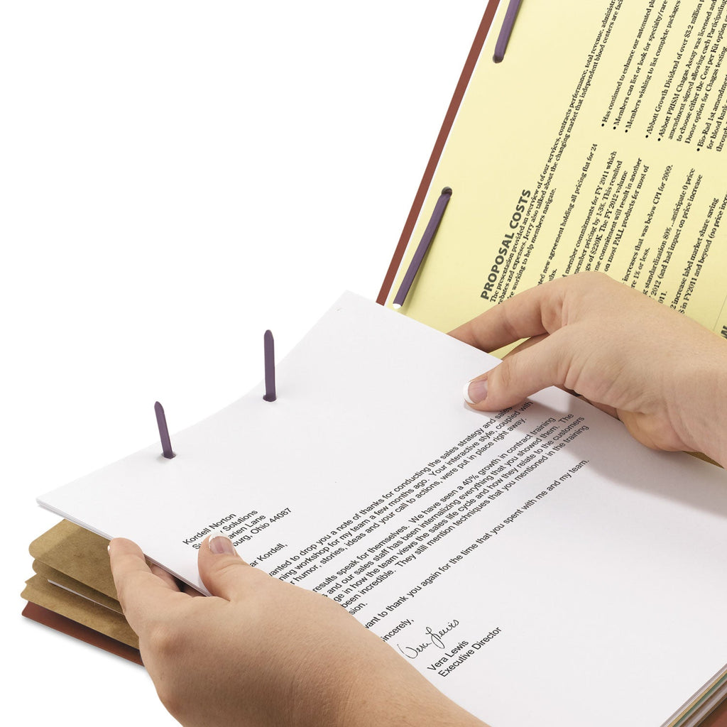 Smead Pressboard Classification Folders with SafeSHIELD Coated Fasteners, 2/5 Cut, 3 Dividers, Letter Size, Red, 10/Box