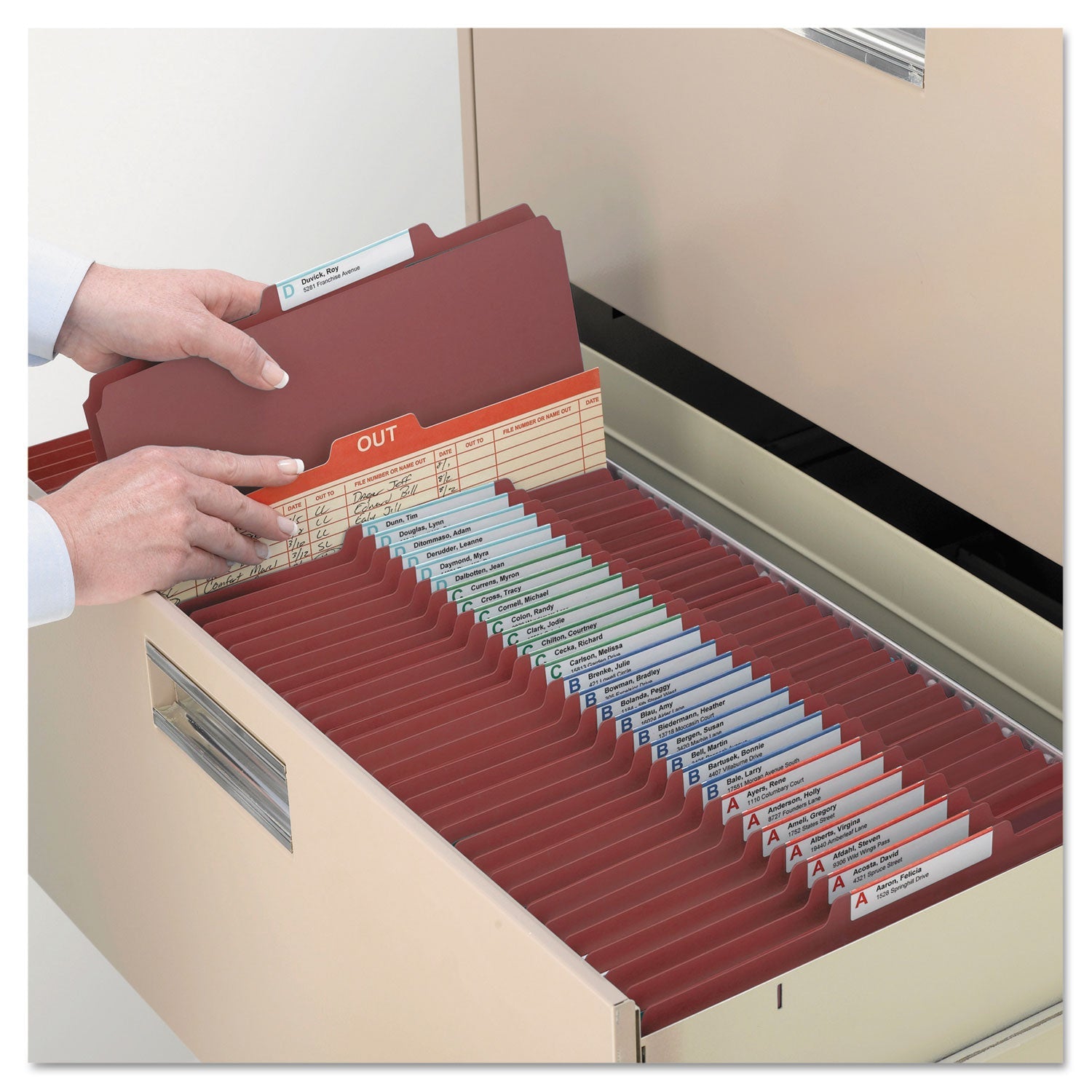 Smead Pressboard Classification Folders with SafeSHIELD Coated Fasteners, 2/5 Cut, 1 Divider, Letter Size, Red, 10/Box