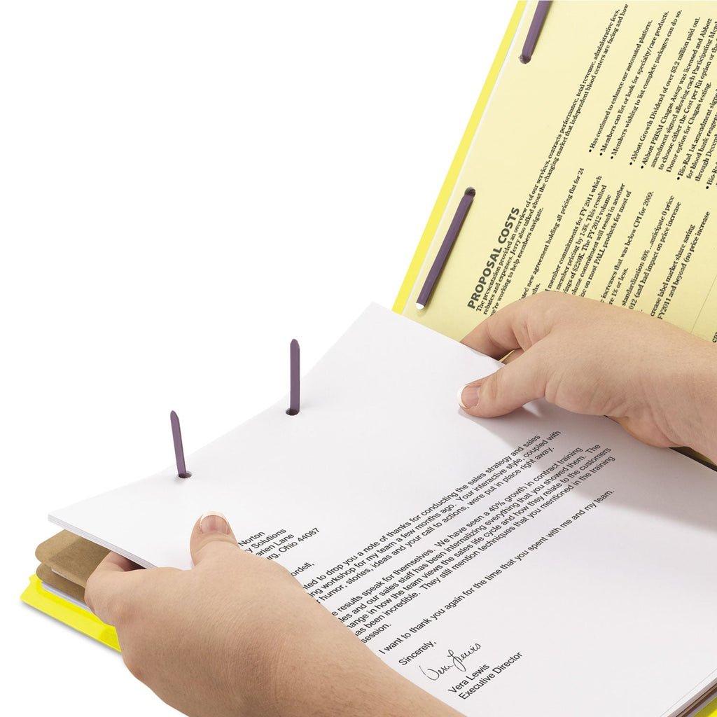 Smead Six-Section Pressboard Top Tab Classification Folders with SafeSHIELD Fasteners, 2 Dividers, Letter Size, Yellow, 10/Box
