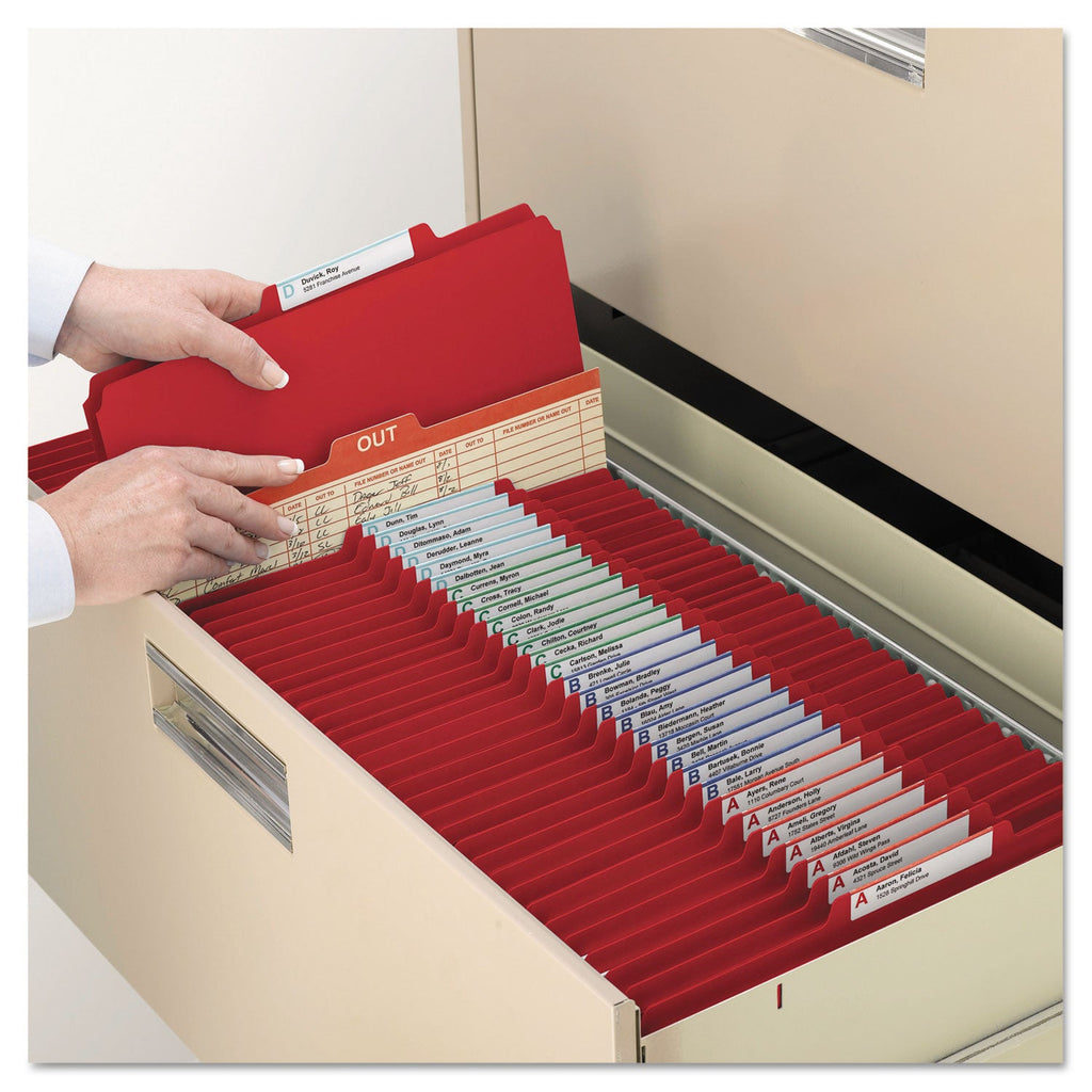 Smead Six-Section Pressboard Top Tab Classification Folders with SafeSHIELD Fasteners, 2 Dividers, Legal Size, Bright Red, 10/Box