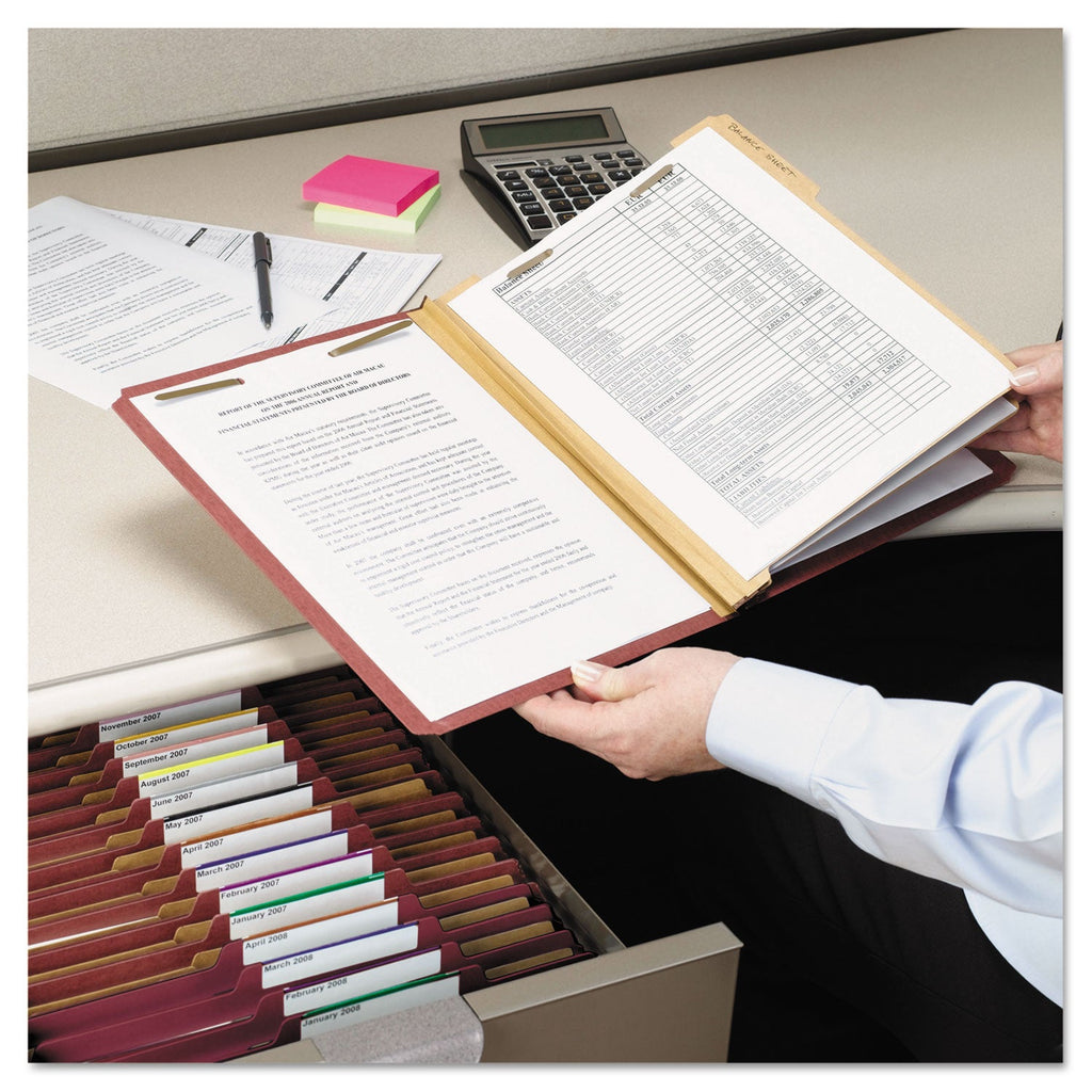 Smead Pressboard Classification Folders with SafeSHIELD Coated Fasteners, 2/5 Cut, 2 Dividers, Letter Size, Red, 10/Box