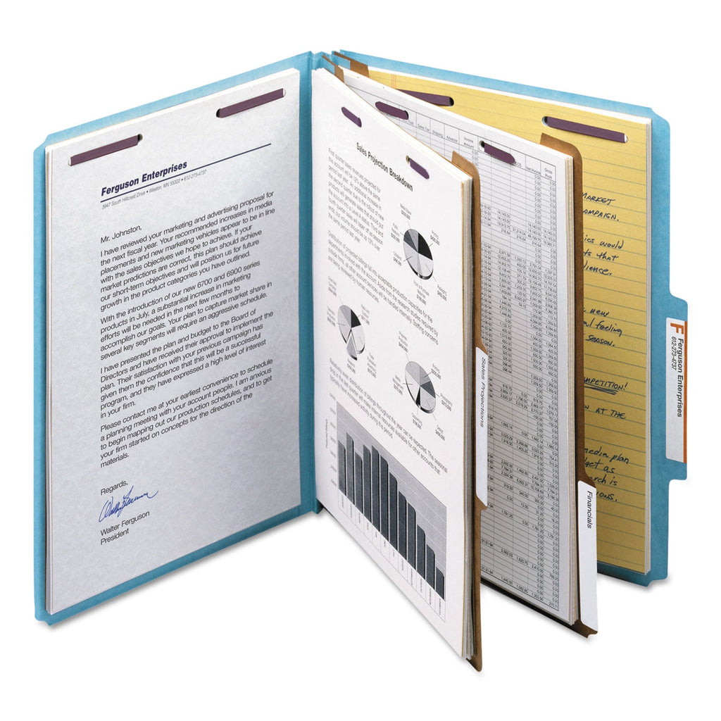 Smead Six-Section Pressboard Top Tab Classification Folders with SafeSHIELD Fasteners, 2 Dividers, Letter Size, Blue, 10/Box