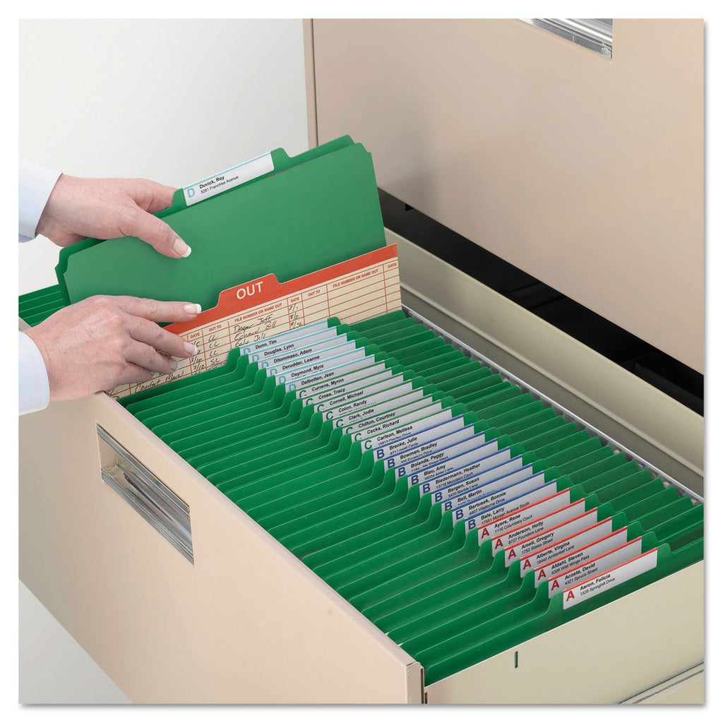 Smead Six-Section Pressboard Top Tab Classification Folders with SafeSHIELD Fasteners, 2 Dividers, Legal Size, Green, 10/Box