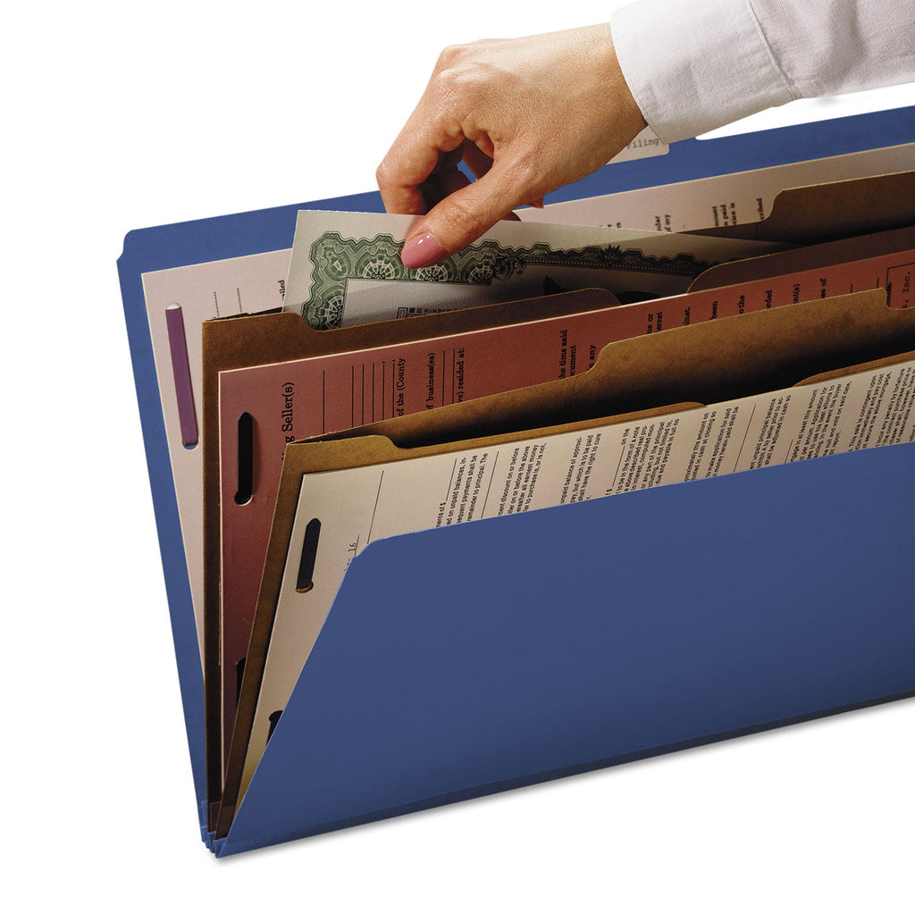 Smead 6-Section Pressboard Top Tab Pocket-Style Classification Folders with SafeSHIELD Fasteners, 2 Dividers, Letter, Blue, 10/Box
