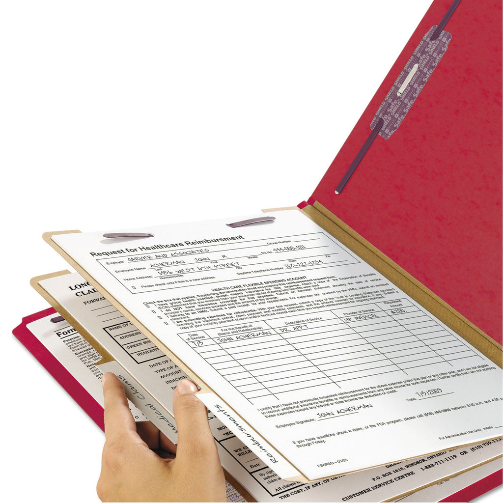Smead Six-Section Pressboard Top Tab Classification Folders with SafeSHIELD Fasteners, 2 Dividers, Legal Size, Bright Red, 10/Box