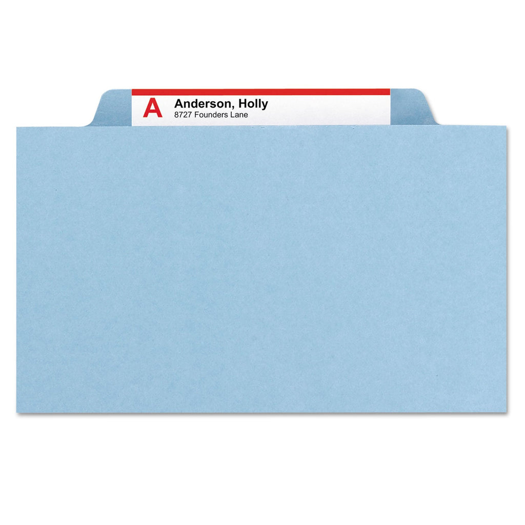 Smead Four-Section Pressboard Top Tab Classification Folders with SafeSHIELD Fasteners, 1 Divider, Legal Size, Blue, 10/Box