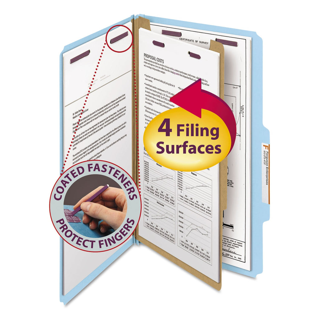 Smead Four-Section Pressboard Top Tab Classification Folders with SafeSHIELD Fasteners, 1 Divider, Legal Size, Blue, 10/Box