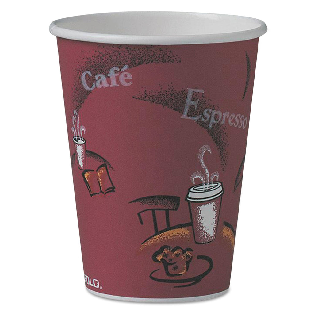 Dart Solo Paper Hot Drink Cups in Bistro Design, 12 oz, Maroon, 50/Pack