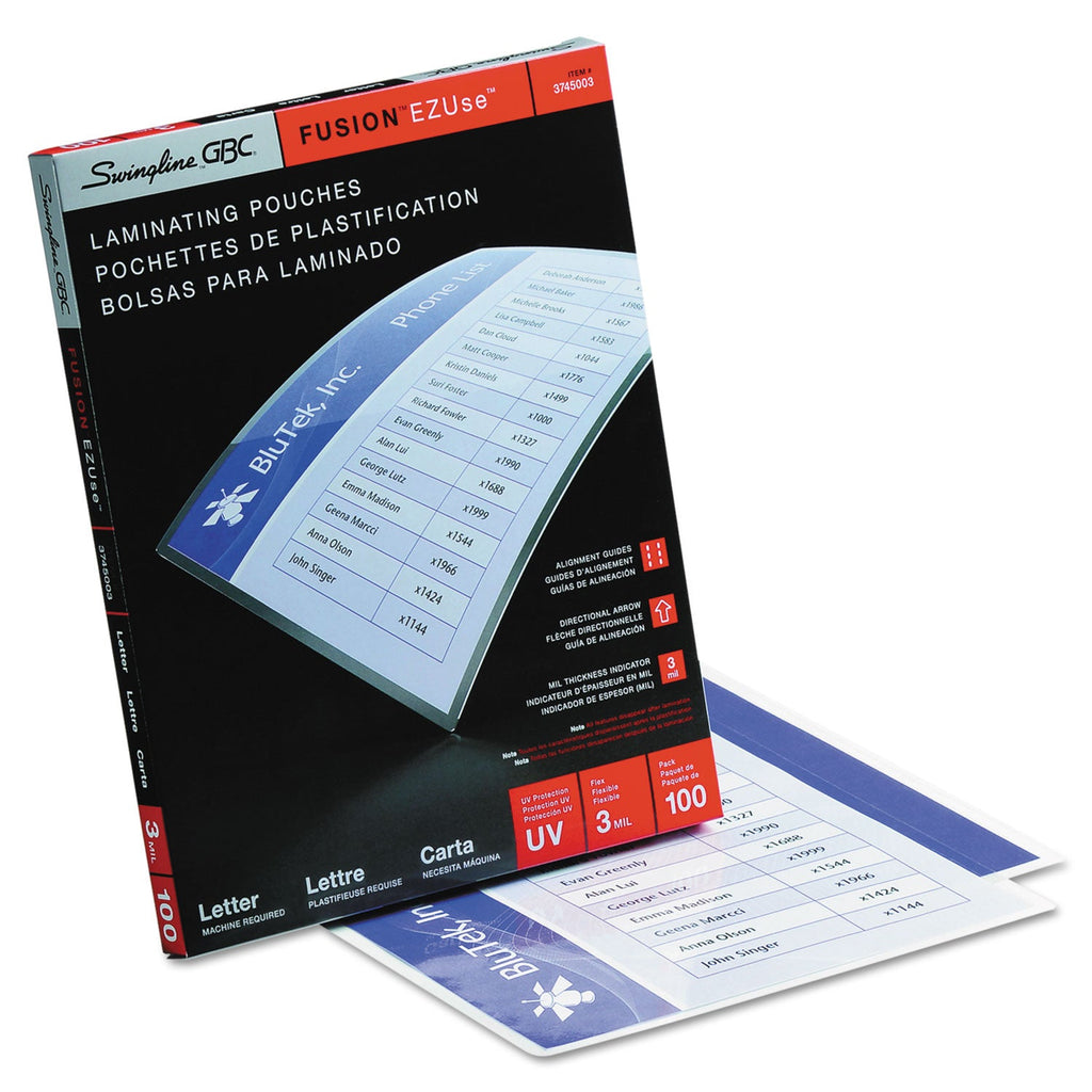 GBC EZUse Thermal Laminating Pouches, 3 mil, 9" x 11.5", Gloss Clear, 100/Box