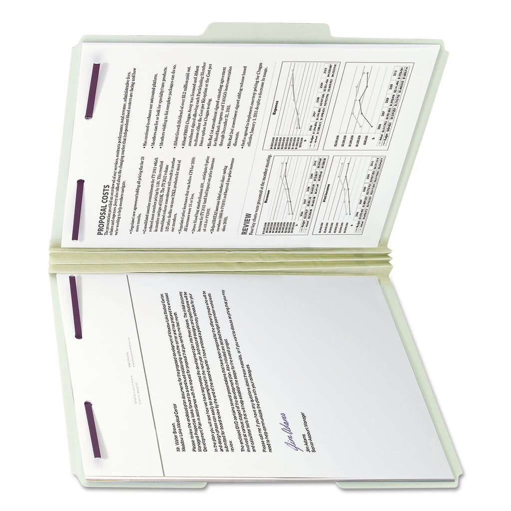 Smead Recycled Pressboard Folders with Two SafeSHIELD Coated Fasteners, 3" Expansion, 1/3-Cut Tab, Letter Size, Gray-Green, 25/Box