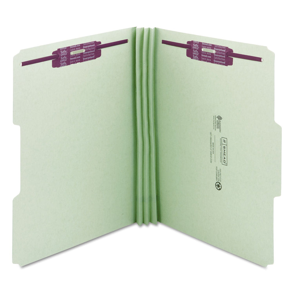 Smead Recycled Pressboard Folders with Two SafeSHIELD Coated Fasteners, 3" Expansion, 1/3-Cut Tab, Letter Size, Gray-Green, 25/Box
