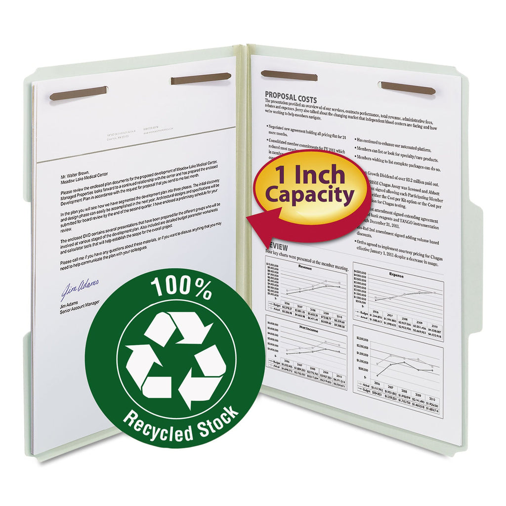 Smead 100% Recycled Pressboard Fastener Folders, Letter Size, 1" Expansion, Gray-Green, 25/Box