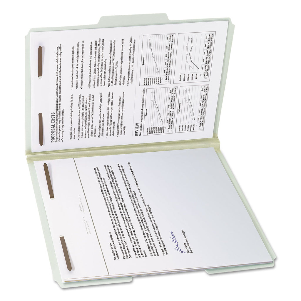 Smead 100% Recycled Pressboard Fastener Folders, Letter Size, 1" Expansion, Gray-Green, 25/Box