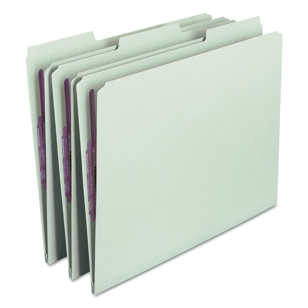 Smead Recycled Pressboard Folders with Two SafeSHIELD Coated Fasteners, 1" Expansion, 1/3-Cut Tab, Letter Size, Gray-Green, 25/Box