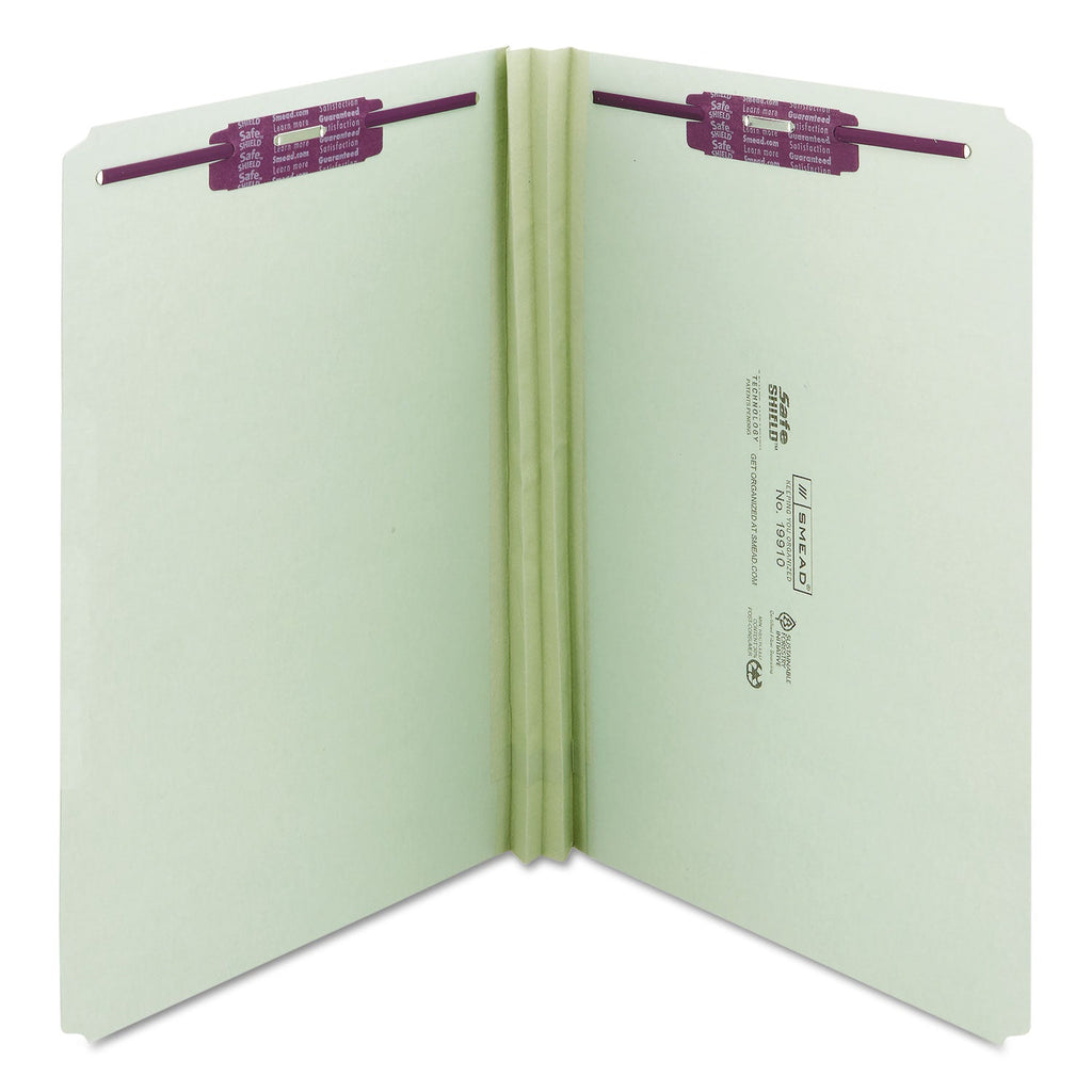 Smead Recycled Pressboard Folders with Two SafeSHIELD Coated Fasteners, 2" Expansion, Straight Tab, Legal Size, Gray-Green, 25/Box