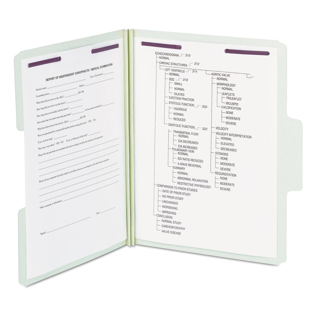 Smead SuperTab Pressboard Fastener Folders with SafeSHIELD Coated Fasteners, 2 Fasteners, Letter Size, Gray-Green Exterior, 25/Box