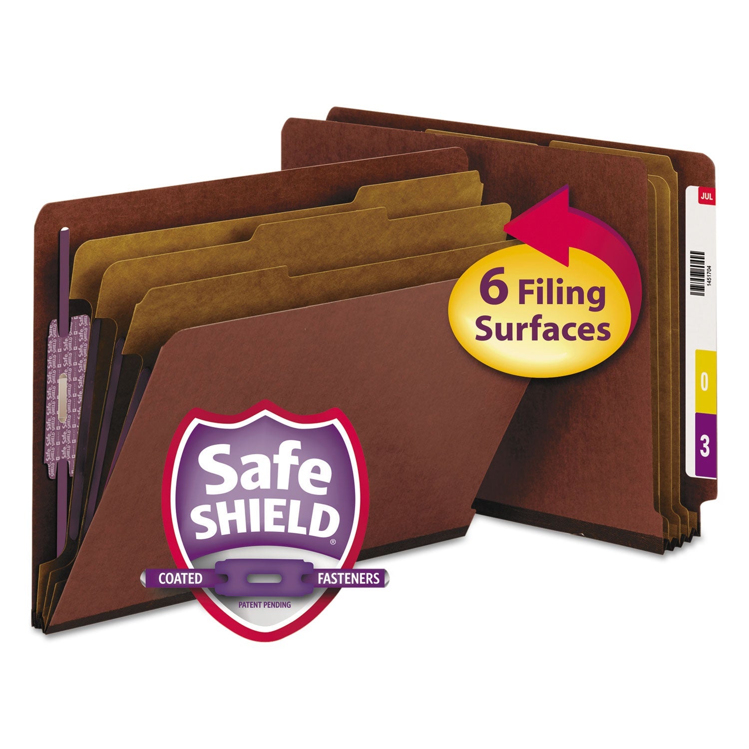 Smead End Tab Pressboard Classification Folders with SafeSHIELD Coated Fasteners, 3 Dividers, Letter Size, Red, 10/Box
