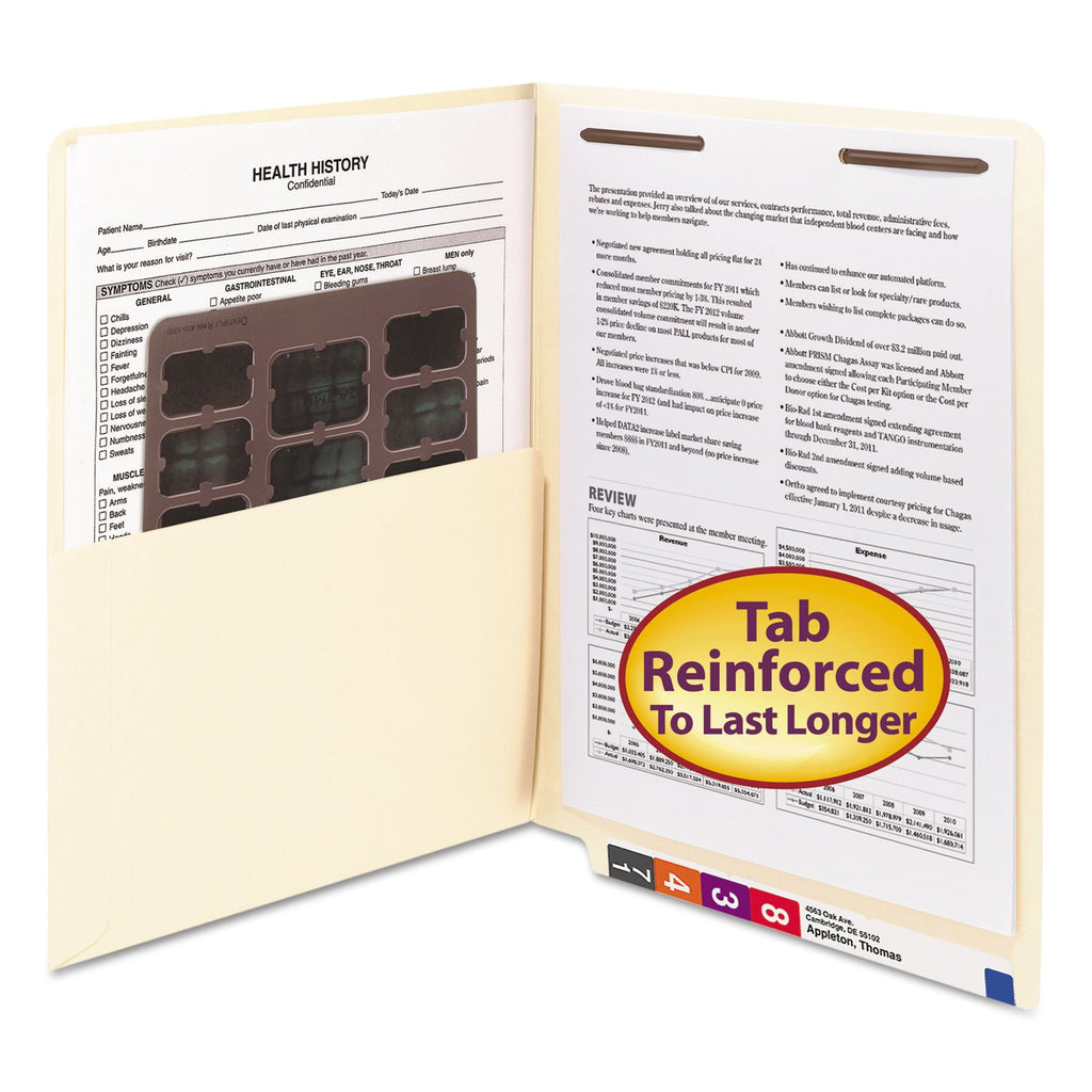 Smead Heavyweight Manila End Tab Fastener Folders with Interior Front-Cover Pocket, 1 Fastener, Letter Size, Manila, 50/Box