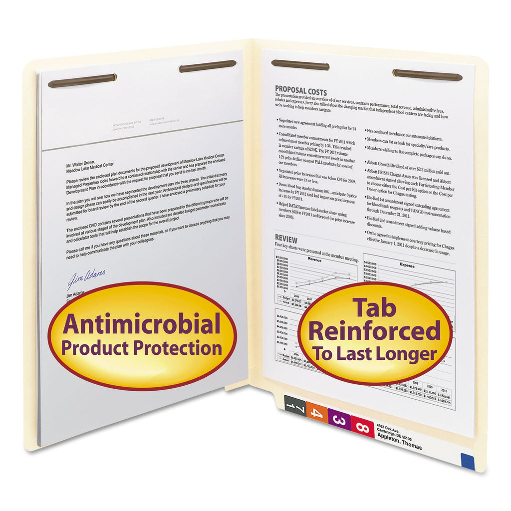 Smead Manila Reinforced End Tab Fastener Folders, Antimicrobial Protection, 2 Fasteners, Letter Size, Manila Exterior, 50/Box