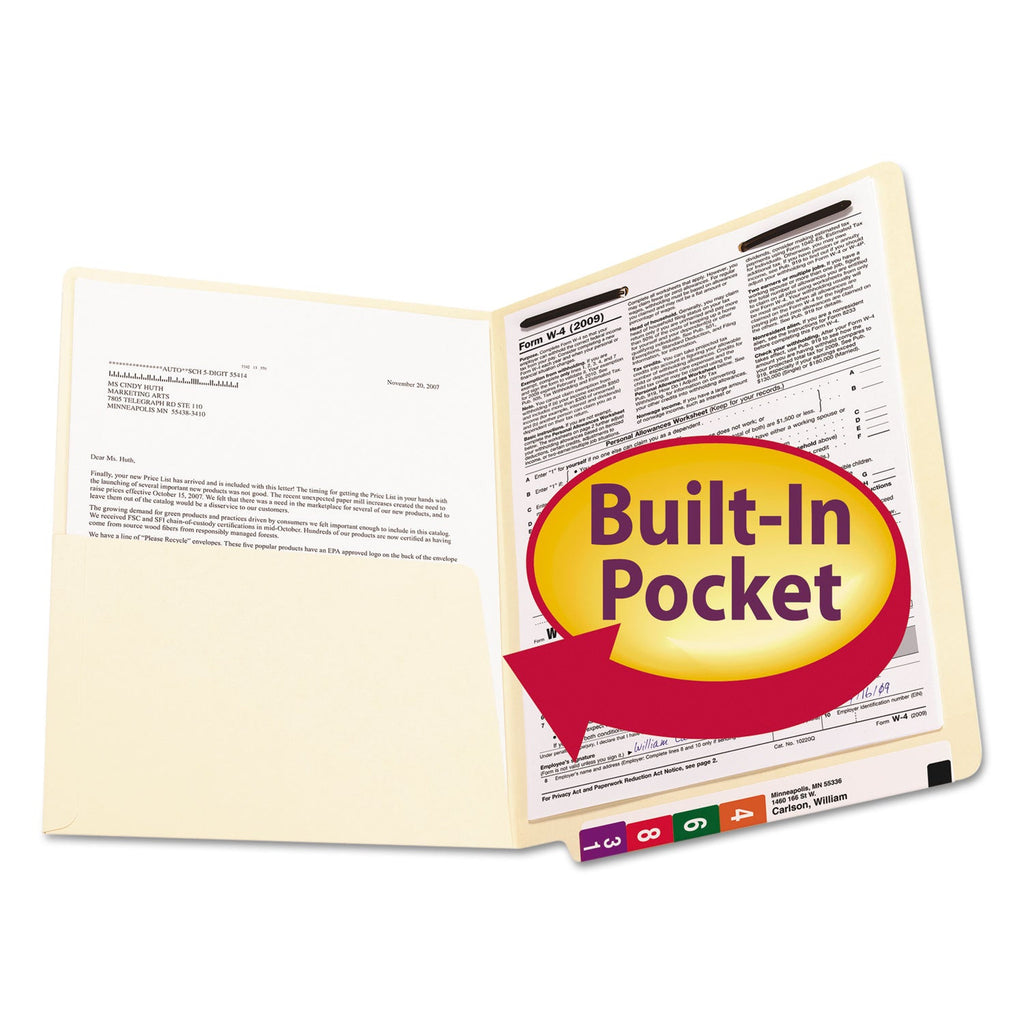 Smead Heavyweight Manila End Tab Fastener Folders with Interior Front-Cover Pocket, 1 Fastener, Letter Size, Manila, 50/Box
