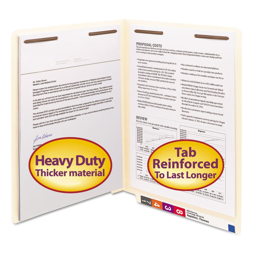 Smead Manila End Tab Fastener Folders with Reinforced Tabs, 14-pt Stock, 2 Fasteners, Letter Size, Manila Exterior, 50/Box