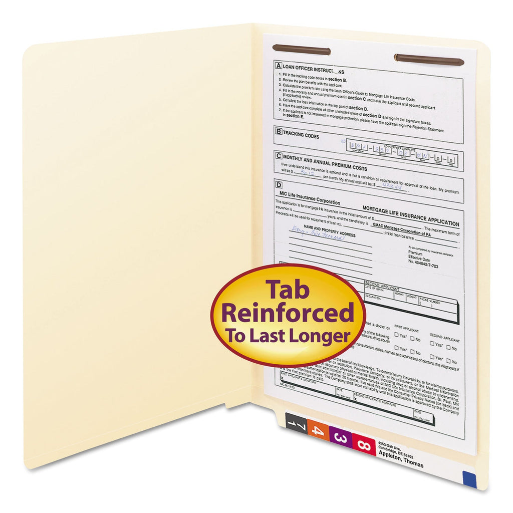 Smead Manila End Tab Fastener Folders with Reinforced Tabs, 11-pt Stock, 1 Fastener, Legal Size, Manila Exterior, 50/Box