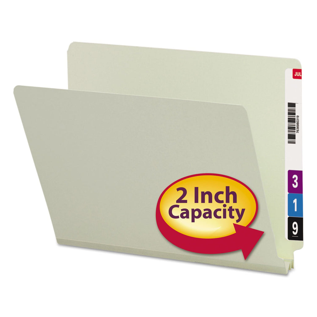 Smead Extra-Heavy Recycled Pressboard End Tab Folders, Straight Tabs, Letter Size, 2" Expansion, Gray-Green, 25/Box