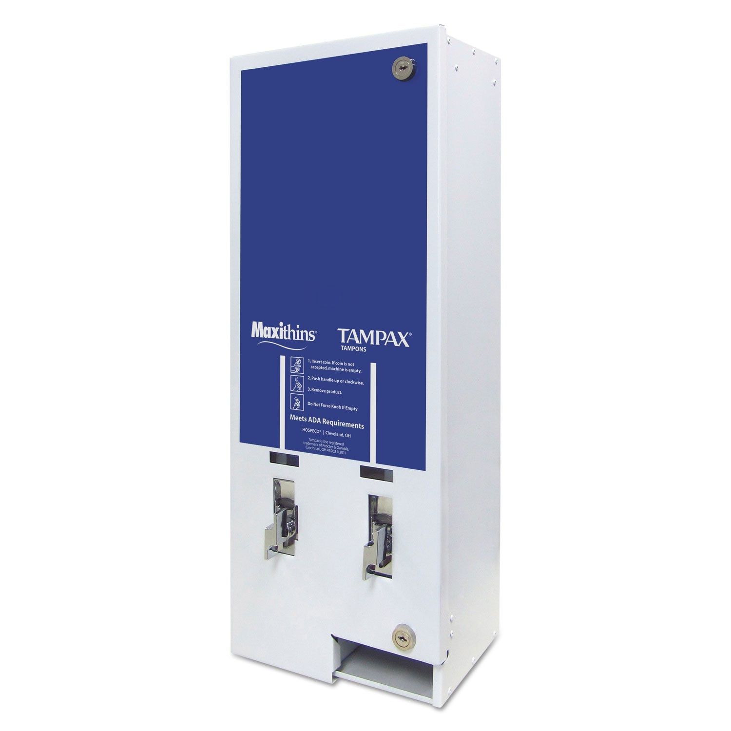 HOSPECO Dual Sanitary Napkin/Tampon Dispenser, Free, 11.13 x 7.63 x 26.38, White/Blue