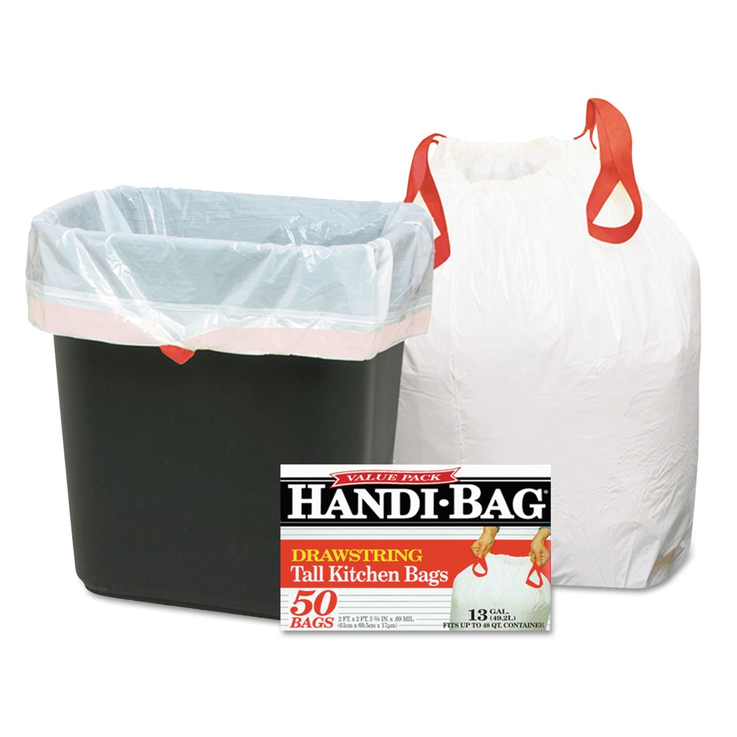 Handi-Bag Drawstring Kitchen Bags, 13 gal, 0.6 mil, 24" x 27.4", White, 50/Box, 6 Boxes/Carton