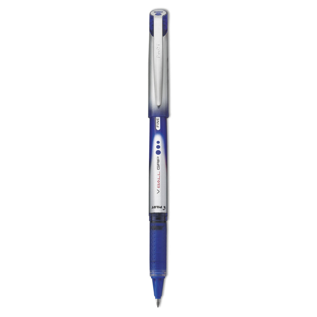 Pilot VBall Grip Liquid Ink Roller Ball Pen, Stick, Fine 0.7 mm, Blue Ink, Blue/Silver Barrel, Dozen