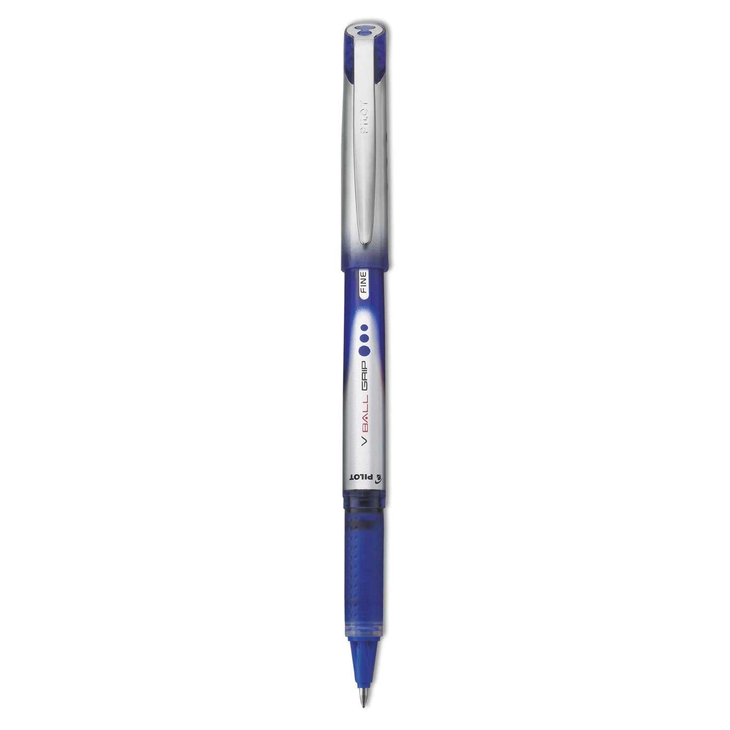 Pilot VBall Grip Liquid Ink Roller Ball Pen, Stick, Fine 0.7 mm, Blue Ink, Blue/Silver Barrel, Dozen