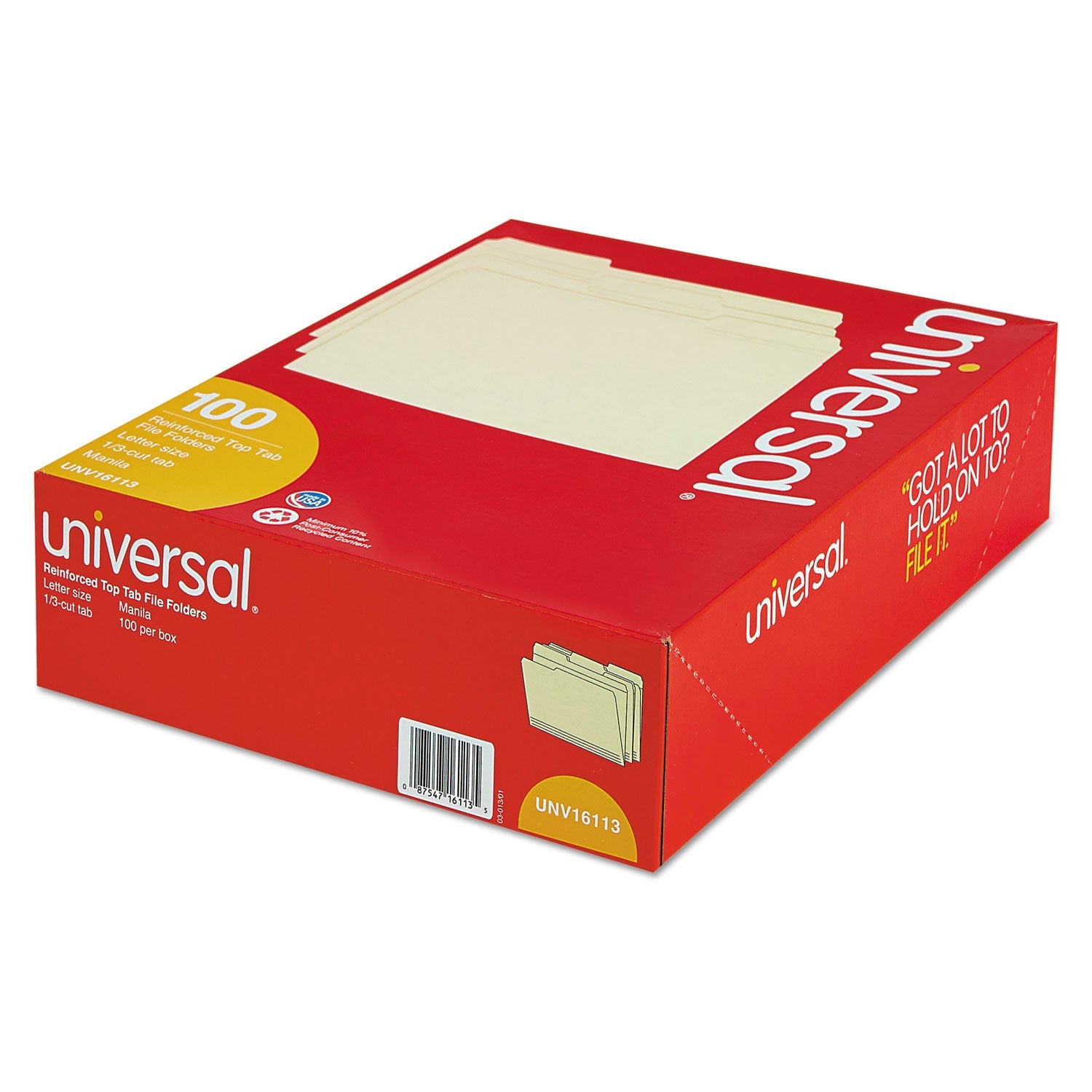 Universal Double-Ply Top Tab Manila File Folders, 1/3-Cut Tabs: Assorted, Letter Size, 0.75" Expansion, Manila, 100/Box