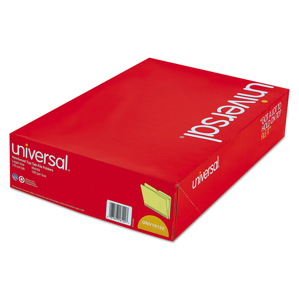 Universal Double-Ply Top Tab Manila File Folders, 1/2-Cut Tabs: Assorted, Legal Size, 0.75" Expansion, Manila, 100/Box
