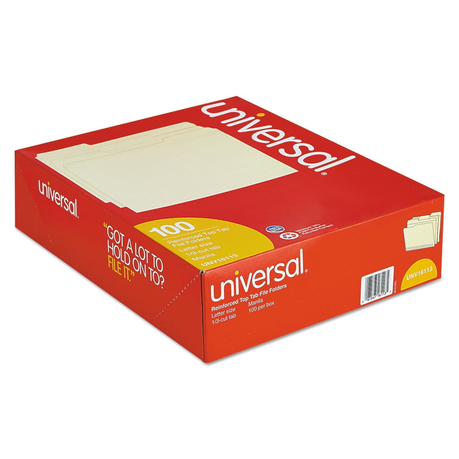 Universal Double-Ply Top Tab Manila File Folders, 1/3-Cut Tabs: Assorted, Letter Size, 0.75" Expansion, Manila, 100/Box
