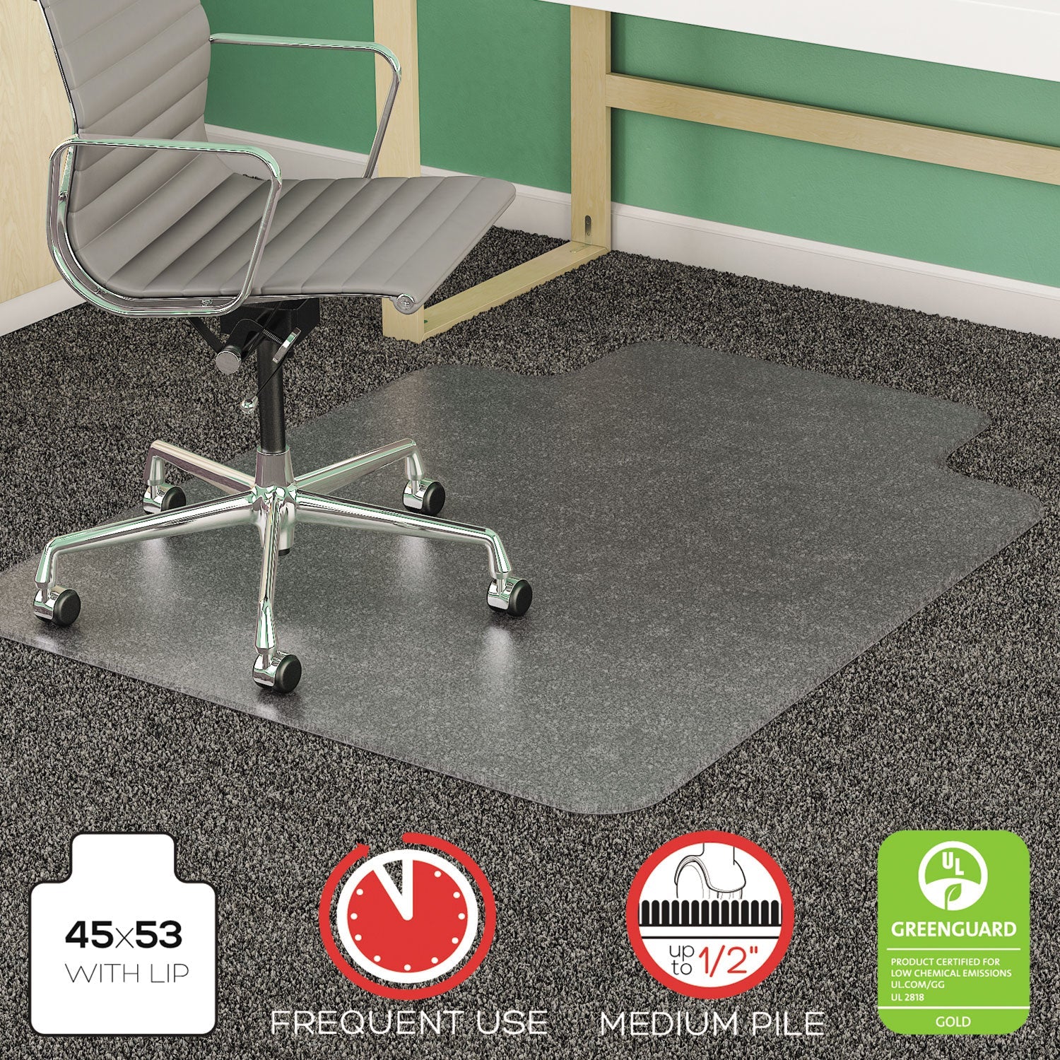 deflecto SuperMat Frequent Use Chair Mat for Medium Pile Carpet, 45 x 53, Wide Lipped, Clear