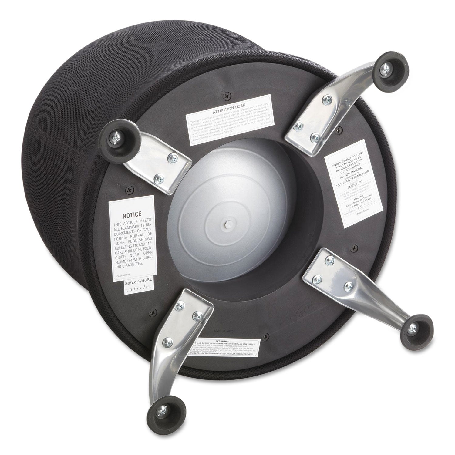 Safco Zenergy Ball Chair, Backless, Supports Up to 250 lb, Black Vinyl Seat, Silver Base