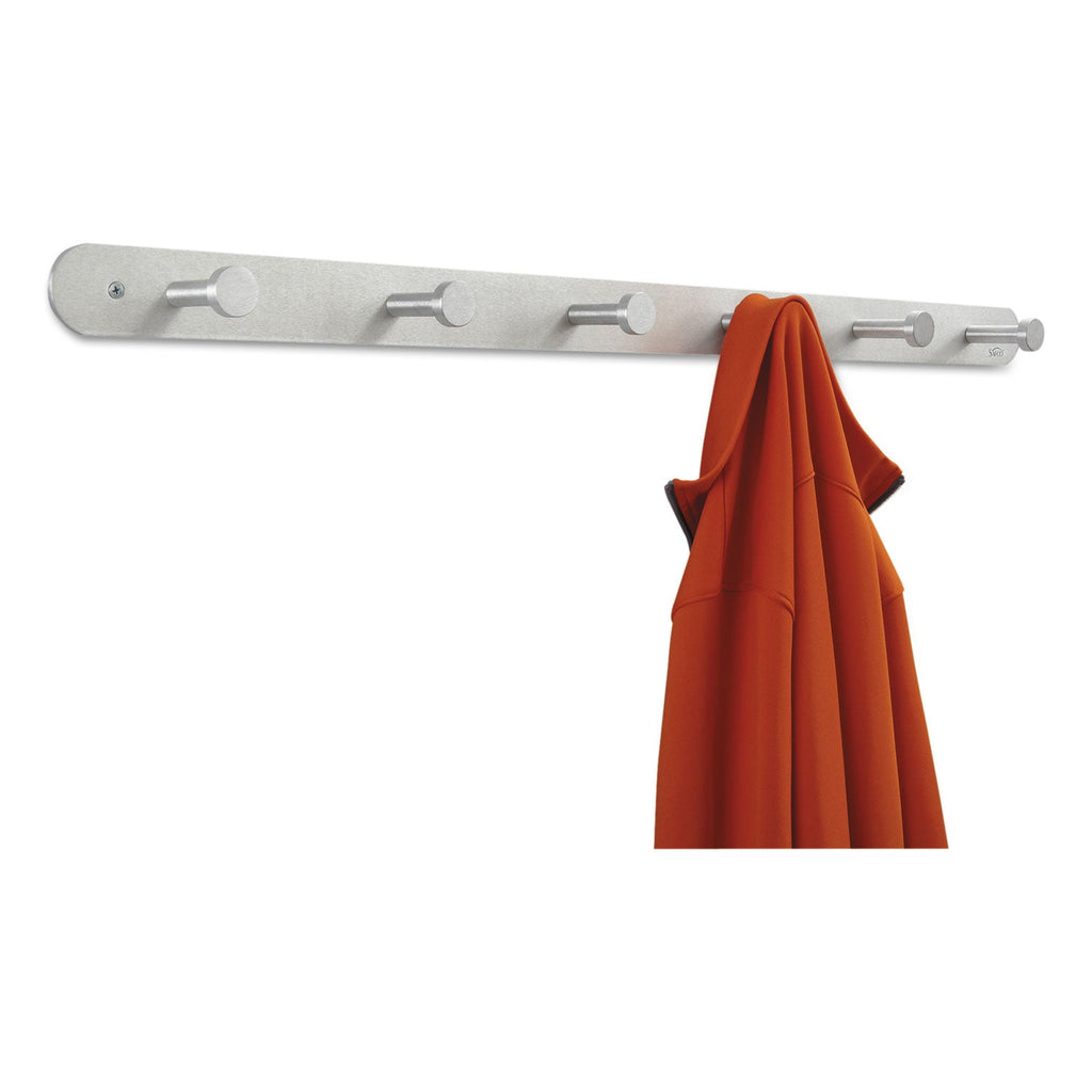 Safco Nail Head Wall Coat Rack, Six Hooks, Metal, 36w x 2.75d x 2h, Satin