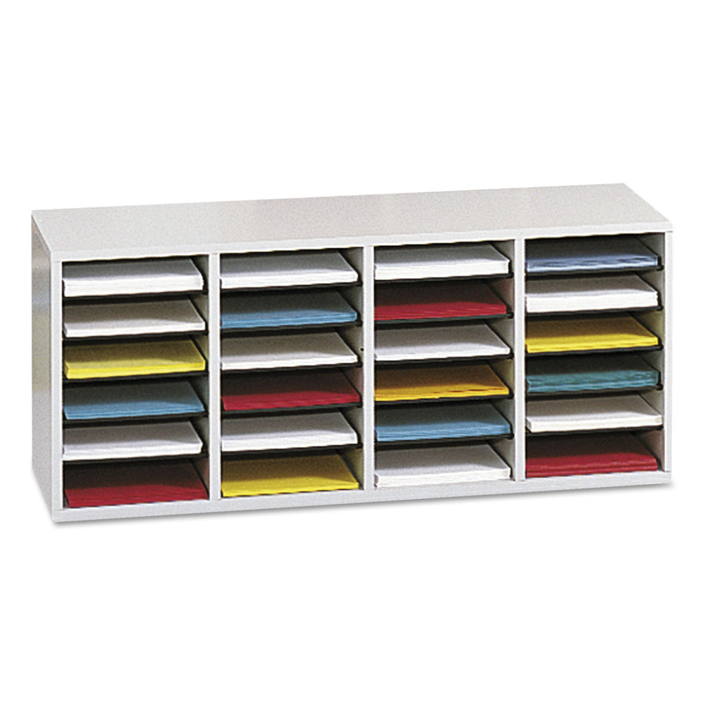 Safco Wood/Laminate Literature Sorter, 24 Compartments, 39.25 x 11.75 x 16.38, Gray