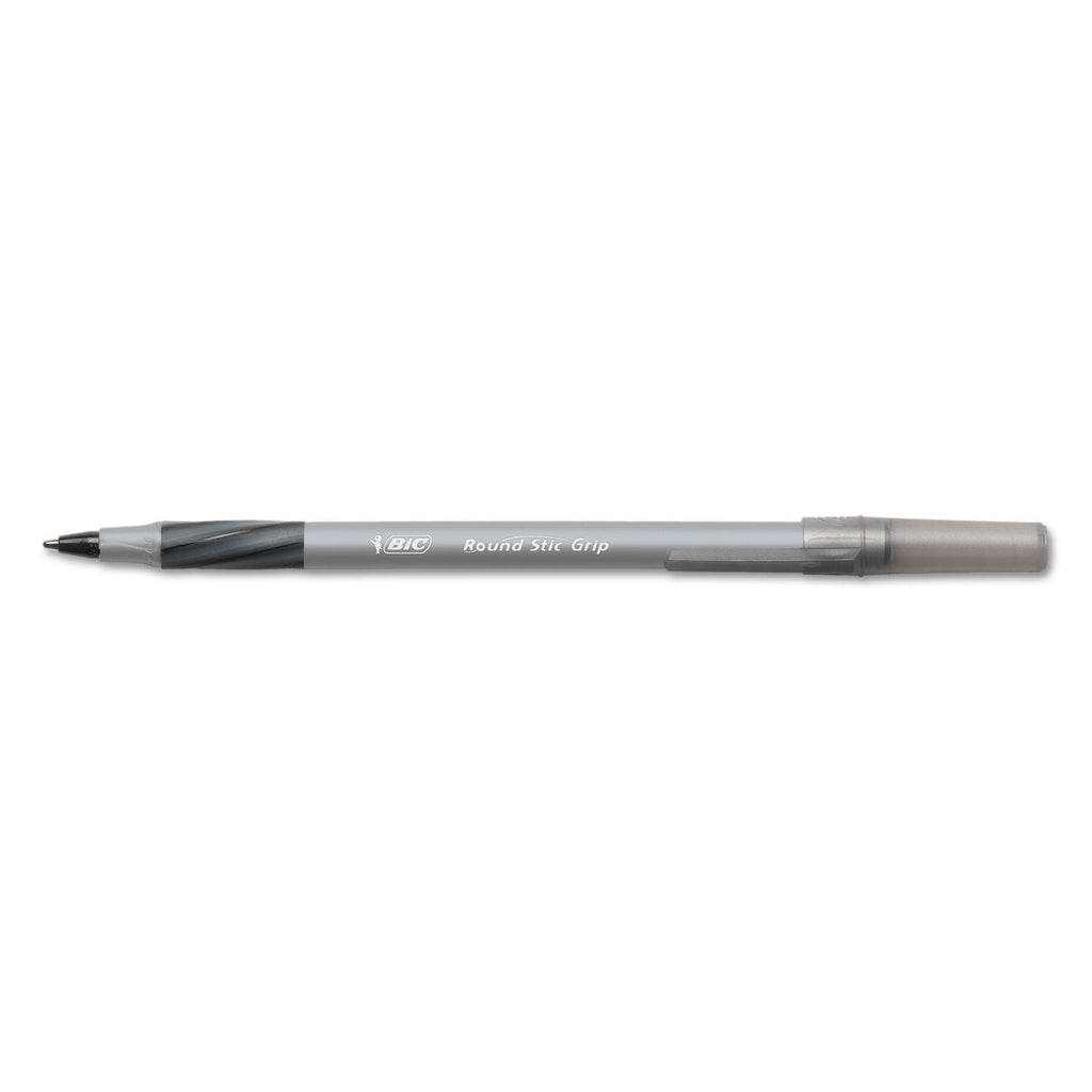 BIC Round Stic Grip Xtra Comfort Ballpoint Pen Value Pack, Easy-Glide, Stick, Medium 1.2 mm, Black Ink, Gray/Black Barrel, 36/PK