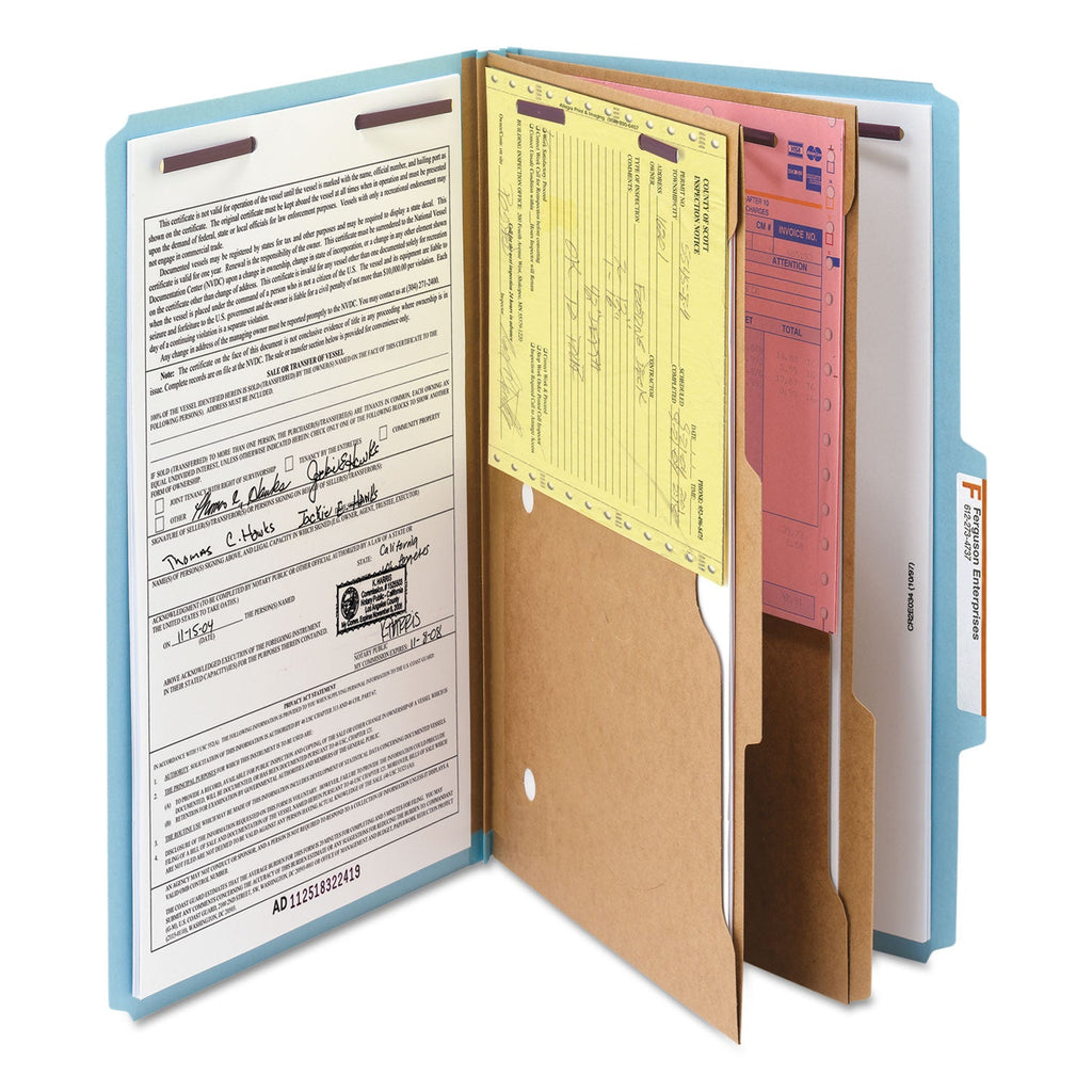 Smead 6-Section Pressboard Top Tab Pocket-Style Classification Folders with SafeSHIELD Fasteners, 2 Dividers, Legal, Blue, 10/BX