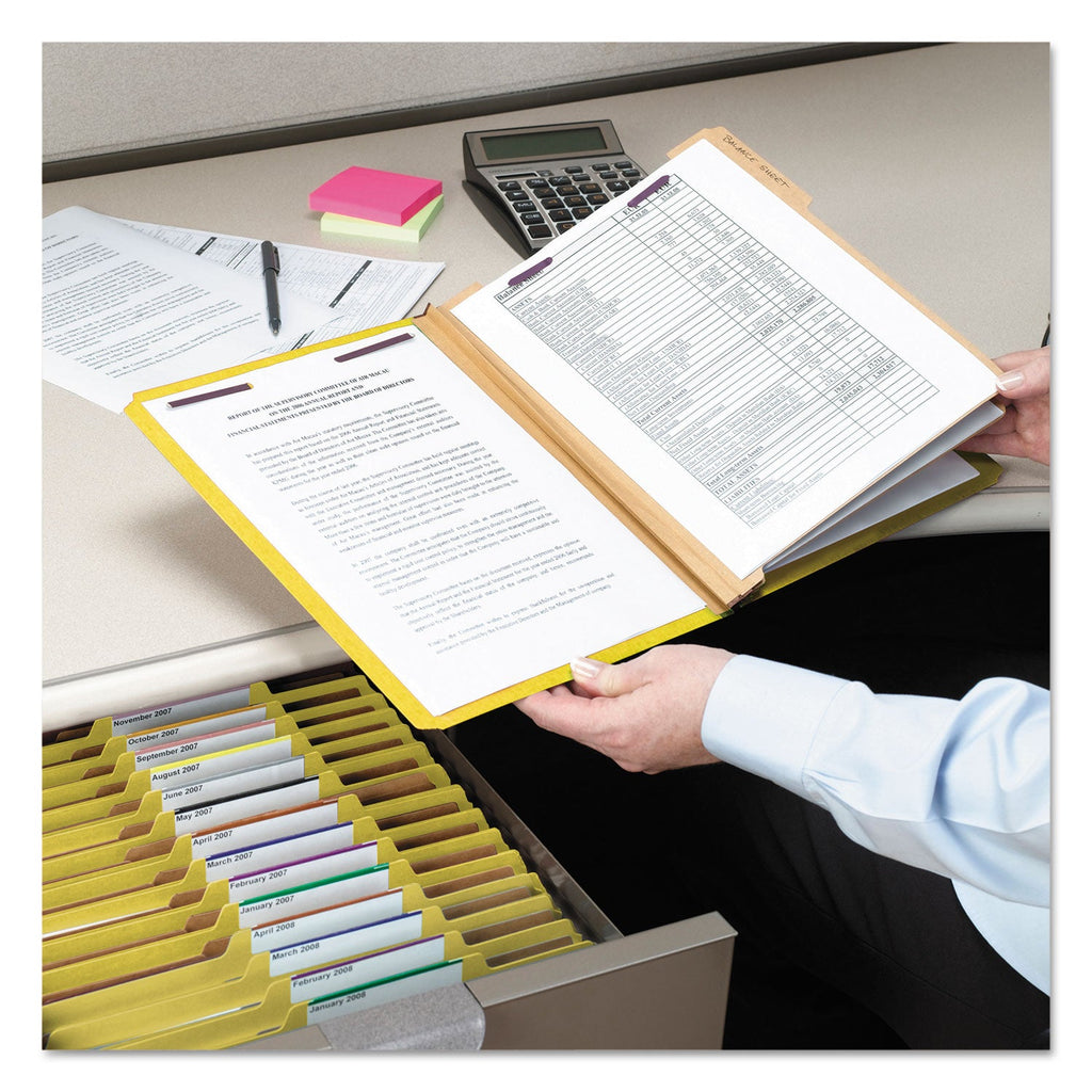 Smead Eight-Section Pressboard Top Tab Classification Folders with SafeSHIELD Fasteners, 3 Dividers, Legal Size, Yellow, 10/Box