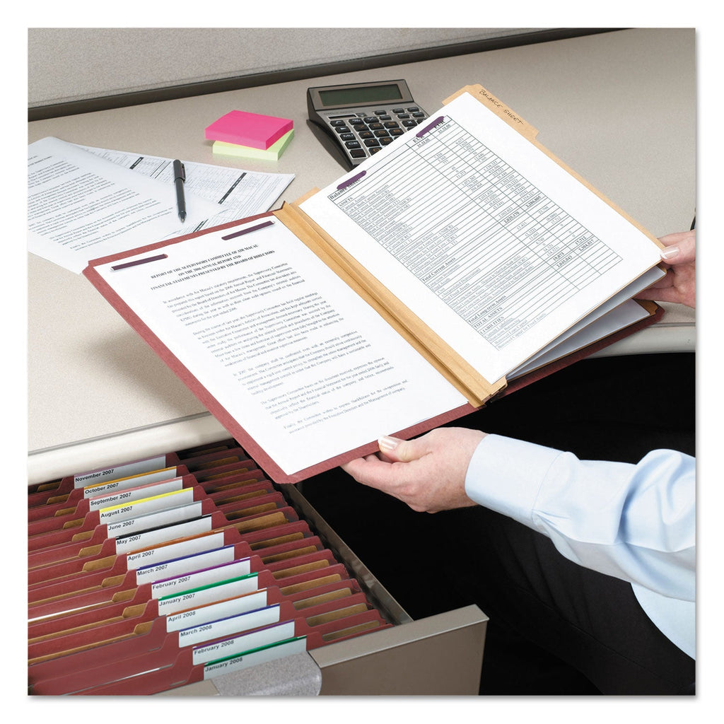 Smead Pressboard Classification Folders with SafeSHIELD Coated Fasteners, 2/5 Cut, 3 Dividers, Legal Size, Red, 10/Box