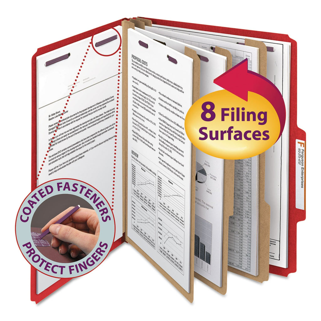 Smead Eight-Section Pressboard Top Tab Classification Folders with SafeSHIELD Fasteners, 3 Dividers, Letter Size, Bright Red, 10/BX
