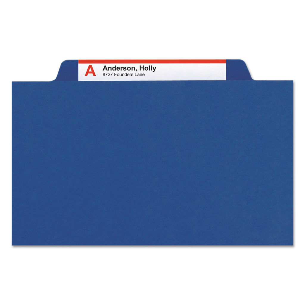 Smead Four-Section Pressboard Top Tab Classification Folders with SafeSHIELD Fasteners, 1 Divider, Legal Size, Dark Blue, 10/Box